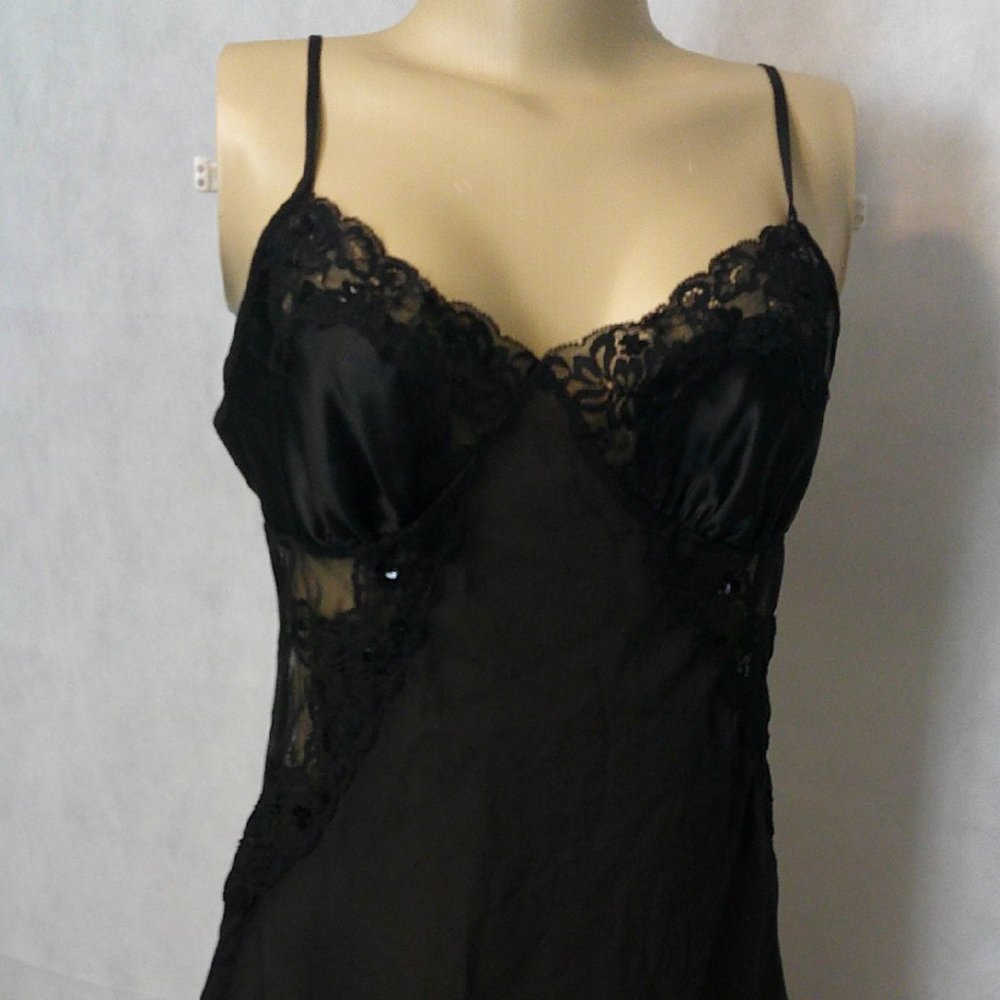 M Victoria's Secret Sheer Silk Chemise w/Mesh Insets & Beaded Lace